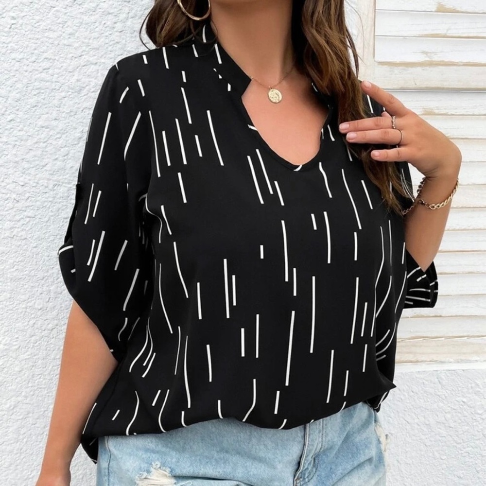 SHEIN Plus Striped Roll Tab Sleeve Popover Blouse